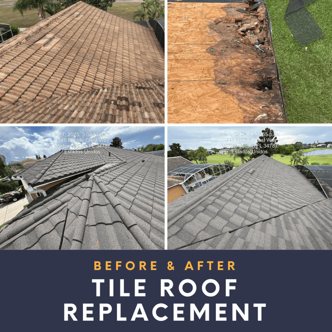 A before and after picture of the roof of a house.