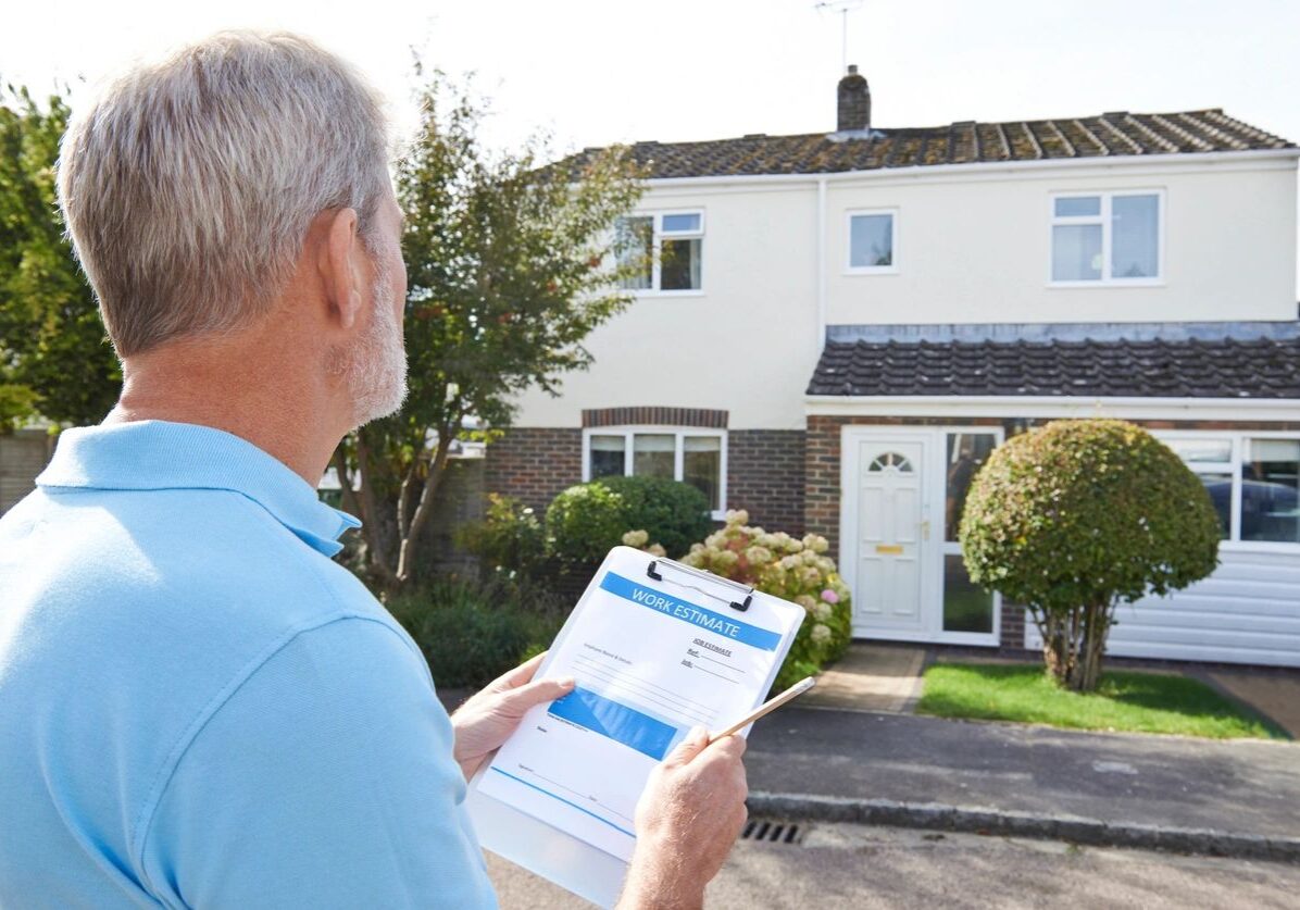 A man holding a clipboard in front of a house.